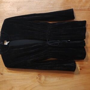 Talbots Petites Soft Velour Hooded Cardigan Black Tie-Front Drawstring Size M